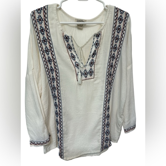 Lucky Brand White Long Sleeve Embroidered Boho Top - Picture 1 of 6